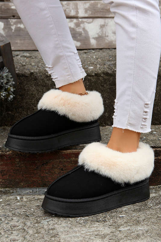 Black Plush Suede Trim Thick Sole Flat Snow Boots