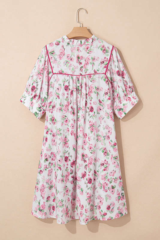 Pink Floral Split Neck Short Sleeve Loose Plus Size Mini Dress