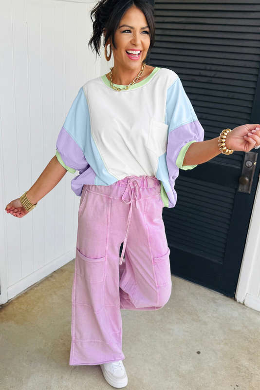 White Color Block Patchwork Half Sleeve Oversized T Shirt