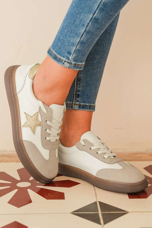Gold Shimmer Star Patch Colorblock Lace up Retro Flattie