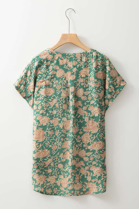Green Floral Print Pleated Buttoned V Neck Short Sleeve Blouse