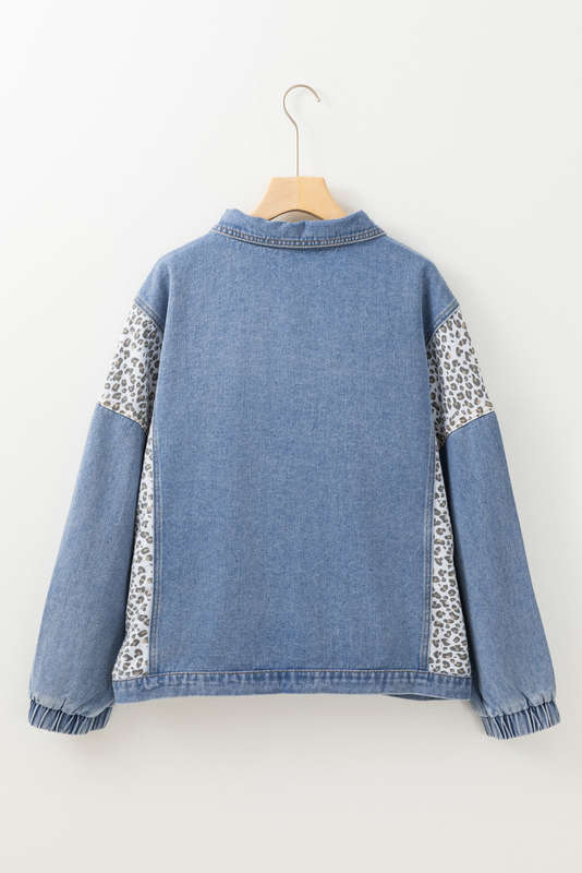 Beau Blue Leopard Patchwork Flap Detail Plus Size Denim Jacket