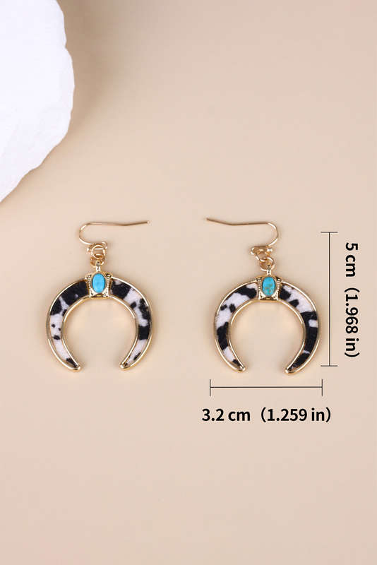 Black Cow Print Turquoise Inlay Crescent Shaped Dangle Earrings