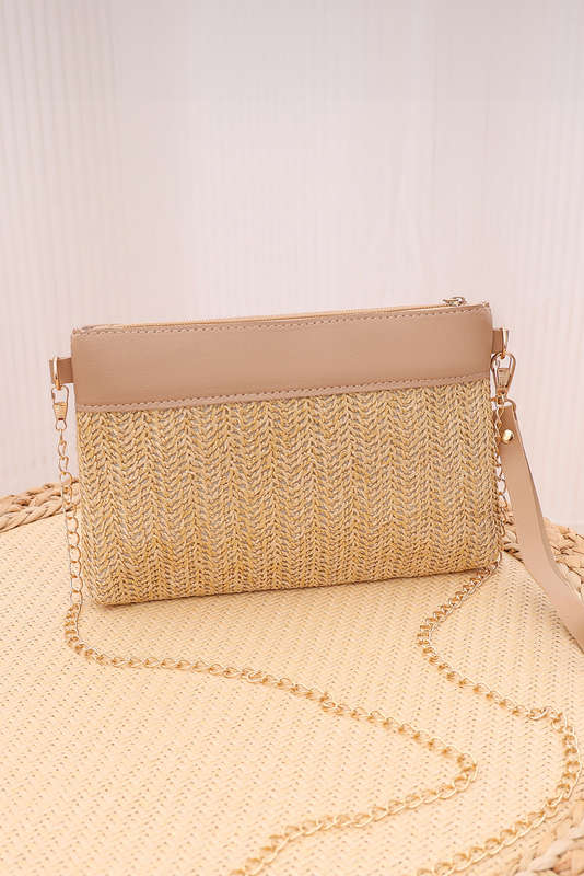 Light French Beige PU Leather Patchwork Faux Straw Woven Single Shoulder Bag