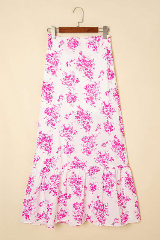 Rose Boho Floral High Waist Ruffle Split Maxi Skirt