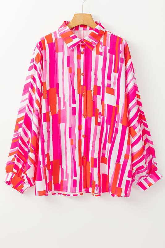 Pink Abstract Print Batwing Sleeve Casual Shirt