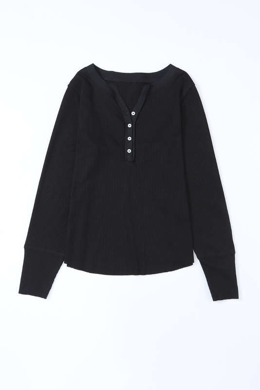 Black Trimmed Neckline Waffle Knit Henley Top