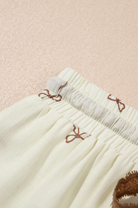 White Bow Print Lace Drawstring Elastic Waistband Casual Shorts