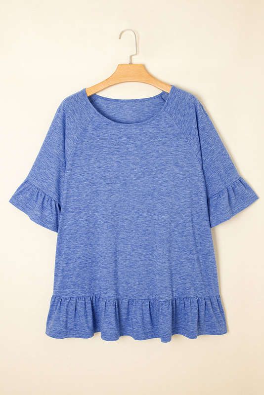 Dusk Blue Ruffled Short Sleeve Plus Size Casual Blouse