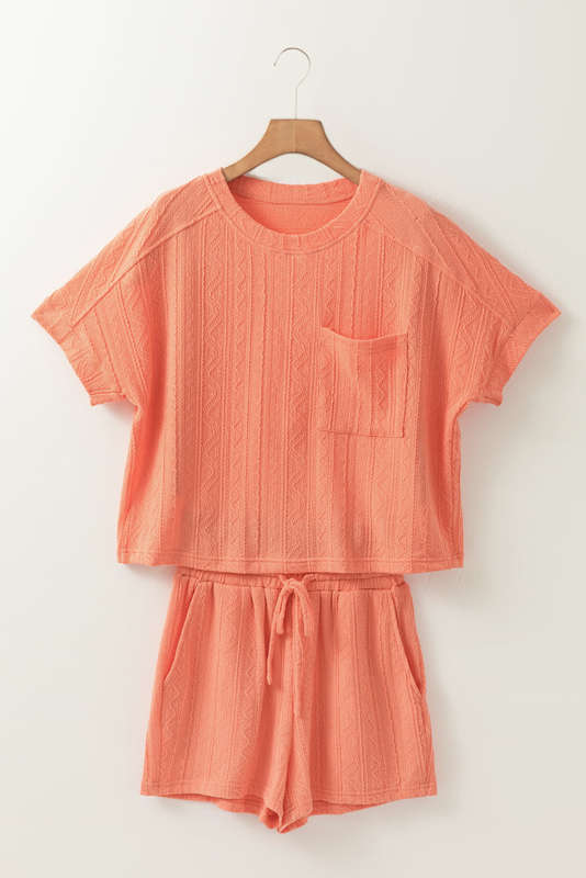 Pale Chestnut Textured Patched Pocket Short Sleeve Top Drawstring Shorts Set