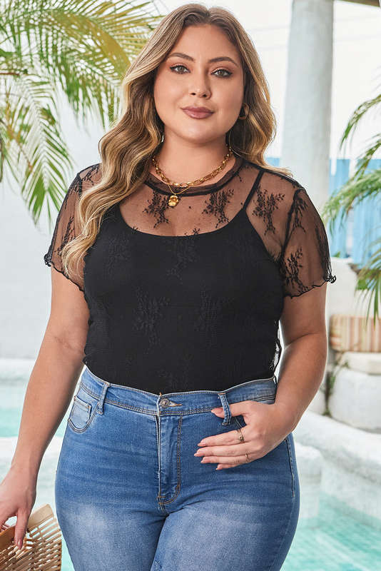 Black Plus Size Sheer Lace Mesh Short Sleeve Top