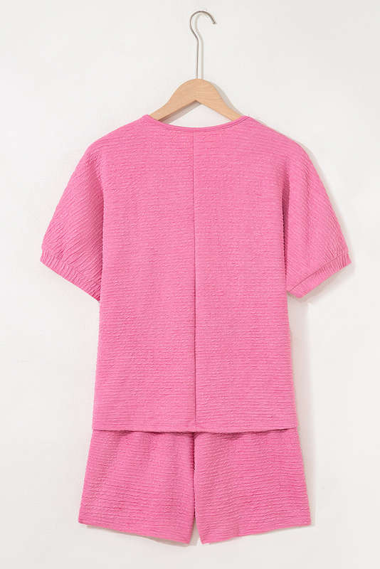 Pink Textured V Neck T Shirt and Shorts Set
