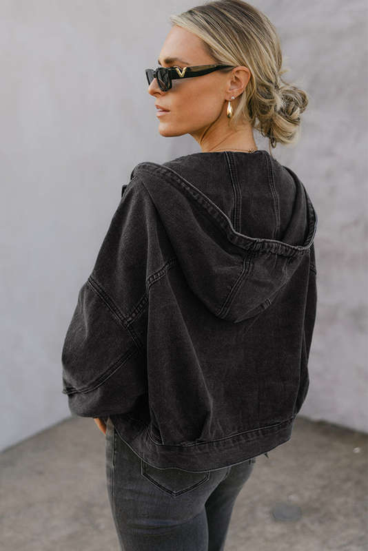 Black Big Chest Pocket Drop Shoulder Hooded Denim Jacket