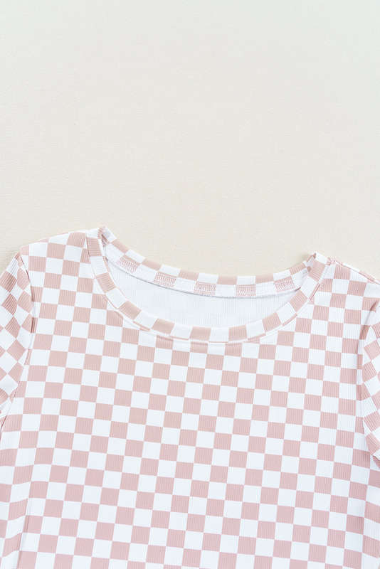 Pink Checkered Ribbed Slim Fit Crew Neck T Shirt