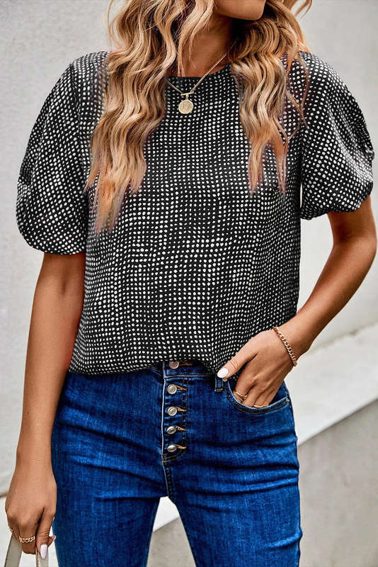Black Cheetah Short Puff Sleeve Blouse
