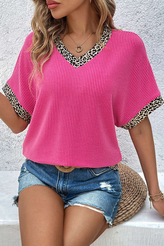 Bright Pink Leopard Patchwork Corded Texture V Neck T Shirt