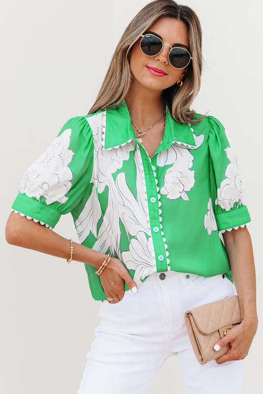 Green Floral Ric Rac Edge Puff Sleeve Button Up Summer Shirt