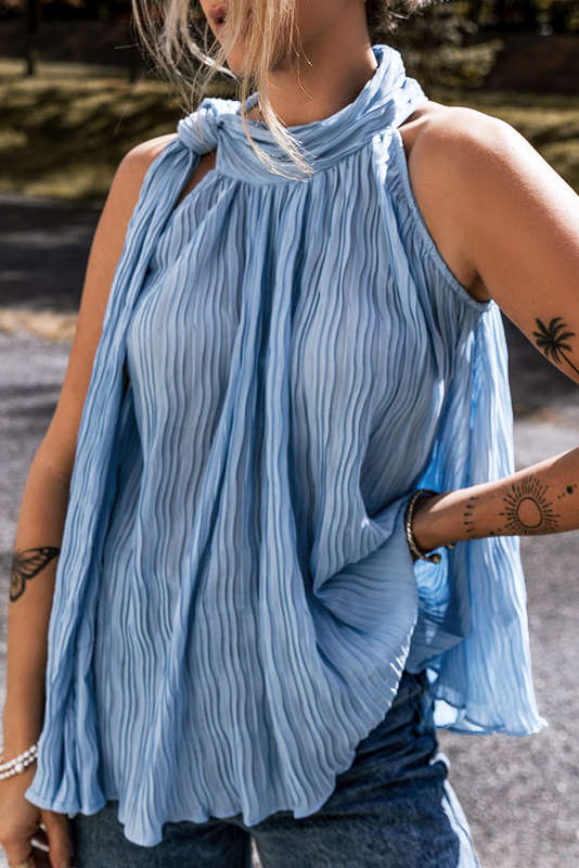 Myosotis Textured Pleated Tied Mock Neck  Flowy Tank Top