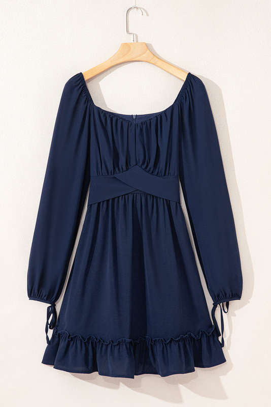 Blue White Plain Ruffled High Waist Square Neck Mini Dress