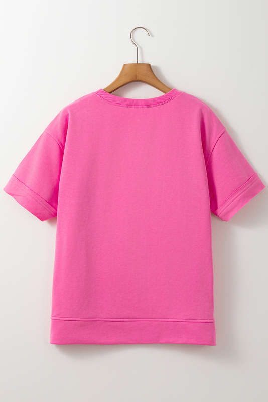 Sachet Pink Contrast Flower Drop Shoulder Loose T Shirt