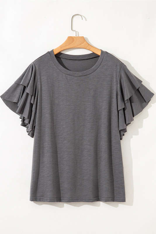 Dark Grey Double Ruffled Short Sleeve Plus Size Top