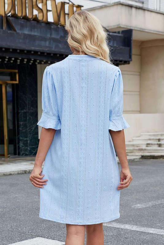 Blue V-Neck Knitted Summer Top with Exposed Seams