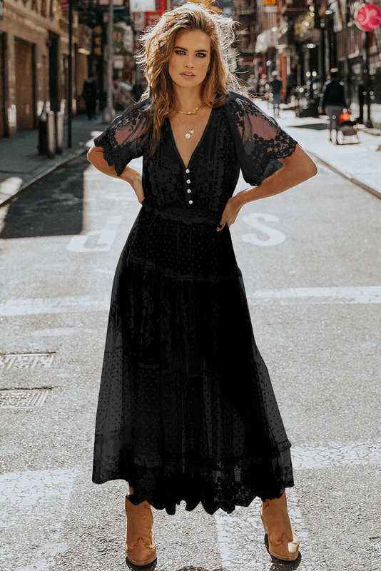 Black Dotty Lace Mesh Flowy Maxi Dress