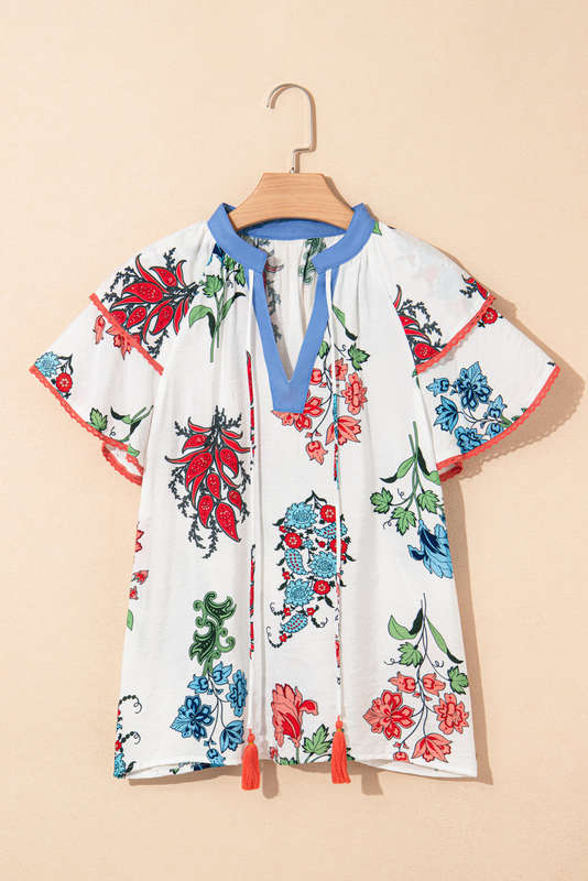 White Floral Print Contrast V Neck Tassel Tie Lace Detail Short Sleeve Blouse