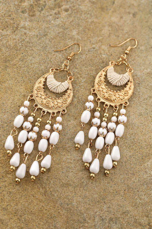 White Boho Beaded Tassel Alloy Charm Earrings