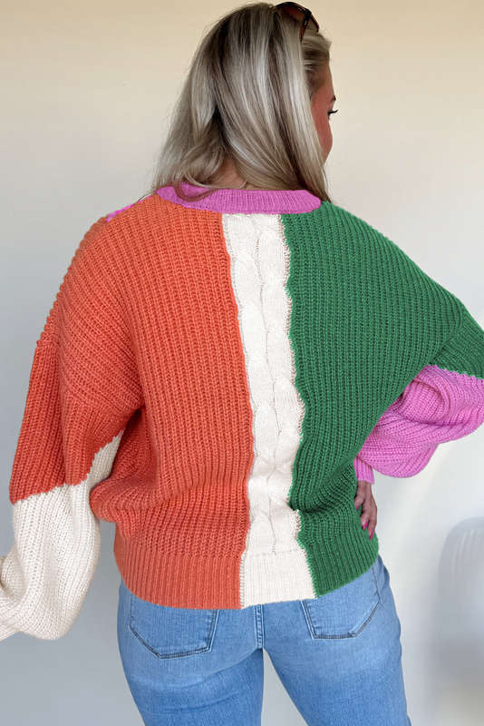 Desert Gold Color Block Textured Knit Drop Shoulder Loose Fit Sweater