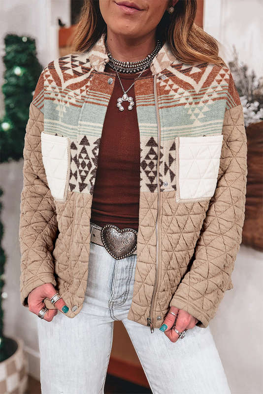 Light French Beige Aztec Quilted Patchwork Western Fashion Jacket