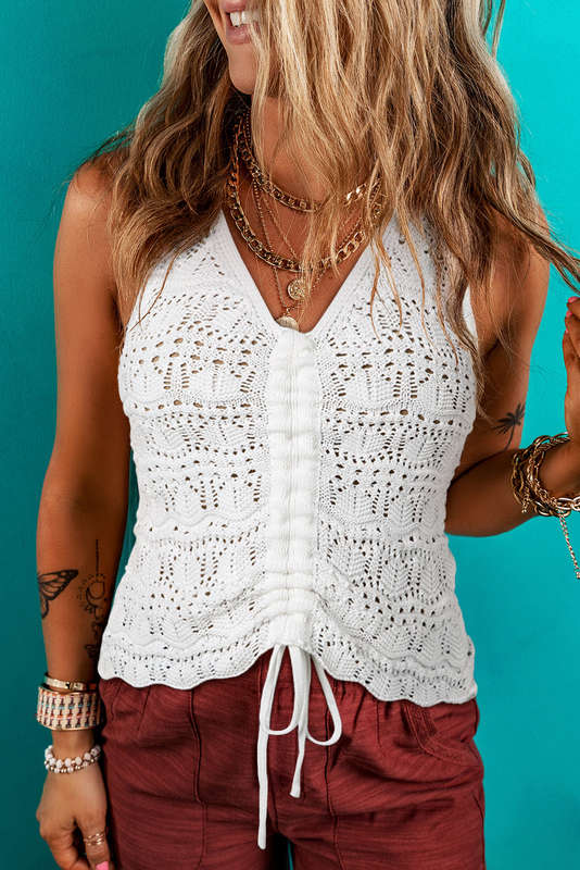 Beige Trendy Hollowed Knit V Neck Drawstring Sweater Vest