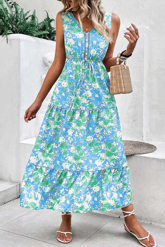 Sky Blue Floral Print Trimmed V Neck Tie Waist Sleeveless Holiday Long Dress