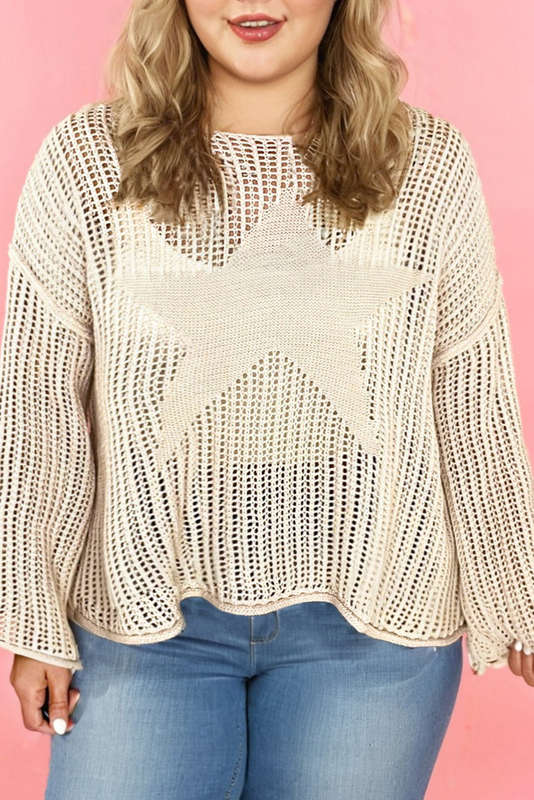 Parchment Hollow Out Knit Star Pattern Accent Plus Size Jumper