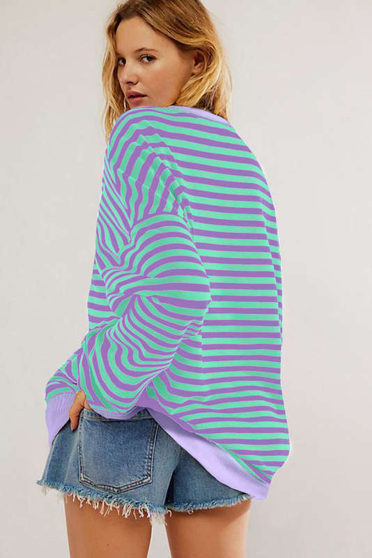Blue Stripe Contrast Ribbed Trim Crossed Stitch Drop Shoulder Sweatshirt