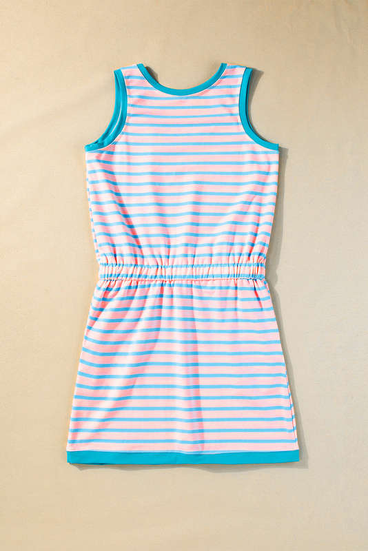 Pink Stripe Contrast Trim Pocketed Casual Tank Dress