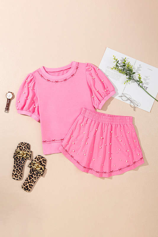 Pink Contrast Bow Trim Pearl Puff Sleeve Blouse and Skort 2pcs Set