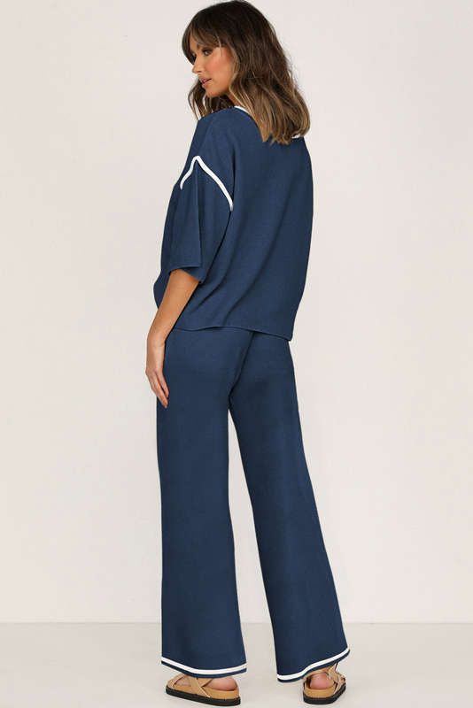 Navy Blue Contrast Trim Half Sleeve Top Drawstring Pants Loose 2pcs Sweater Suit