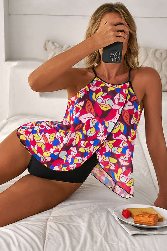Purple Floral Print O Neck Open Back One Piece Swimsuit