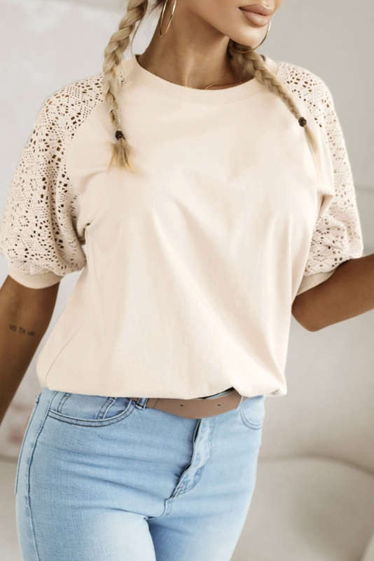 Jet Stream Lace Crochet Short Sleeve Round Neck T Shirt