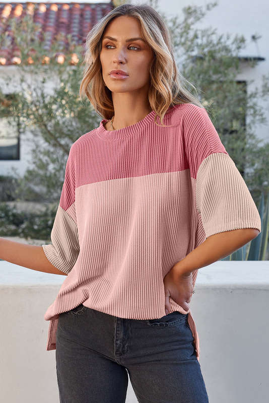 Pink Color Block Ribbed Side Slits Half Sleeve Top