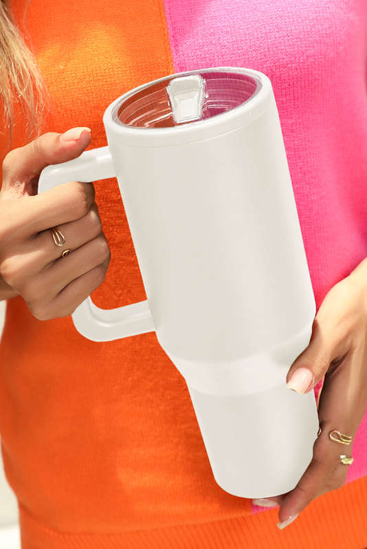 White Frosted Stainless Handle Large Vacuum Cup with Straw 40oz