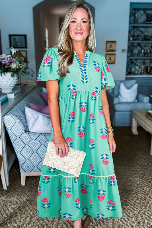 Green Floral Print Notched Neck Butterfly Sleeve Shift Long Dress