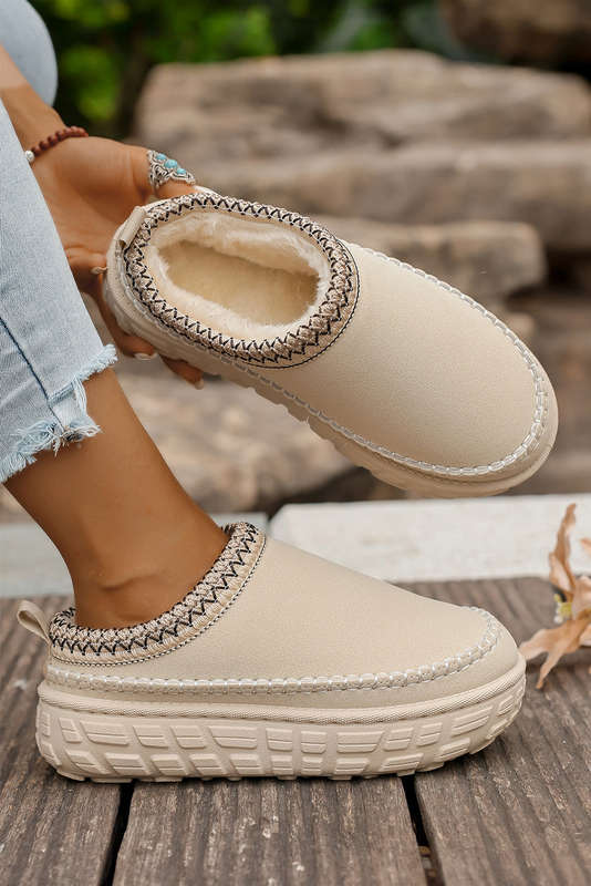 White Contrast Stitch Detail Faux Suede PU Patchwork Plush Winter Clog Slippers