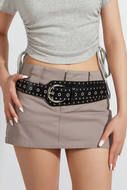 Black Vintage Studded PU Leather Wide Waist Belt