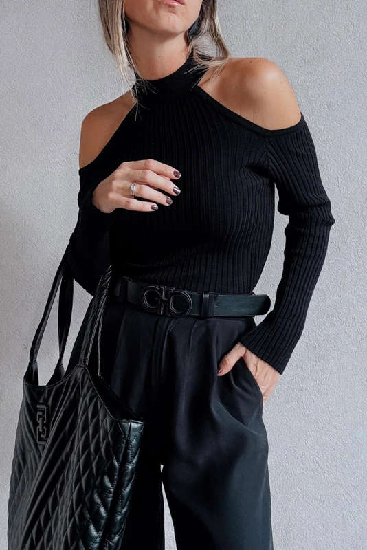 Black Ribbed Knit Cold Shoulder Choker Neck Sweater