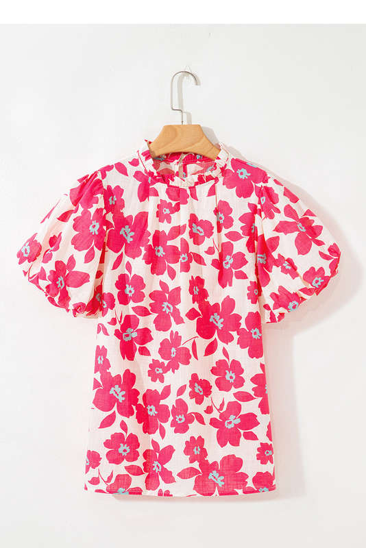 Pink Frilled Neck Short Puff Sleeve Floral Blouse
