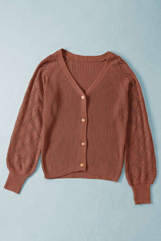 Red Bishop Sleeve Button V Neck Cardigan Sweater