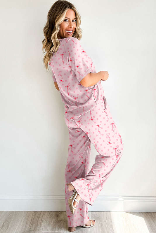 Pink Bow Knot Polka Dot Print Short Sleeve Top Lounge Set