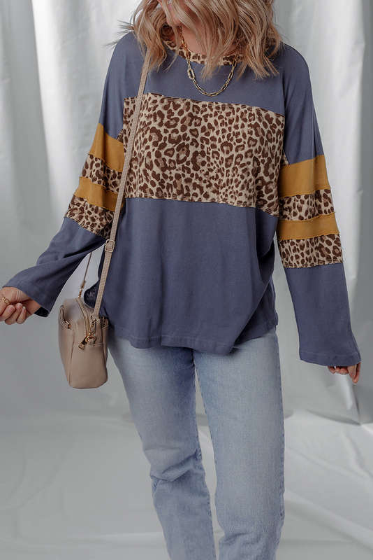 Dark Blue Leopard Colorblock Patchwork Long Sleeve Drop Shoulder Top